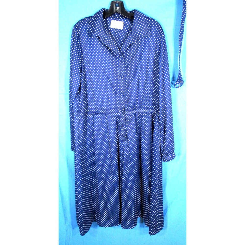 VTG JO LESTER Shift Shirt Dress NAVY BLUE/WHITE Polka Dots HALF BUTTON Sheer 2X
